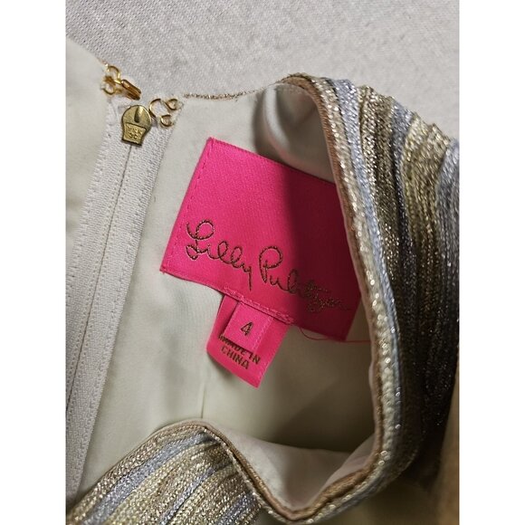 Lilly Pulitzer Valli Floral Gold Dress Size 4 Organza Brocade Sheath - Picture 6 of 9